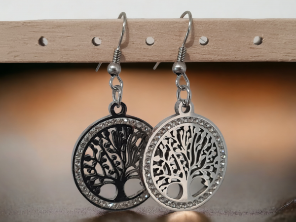 Boucles oreilles arbre de vie argentée strass